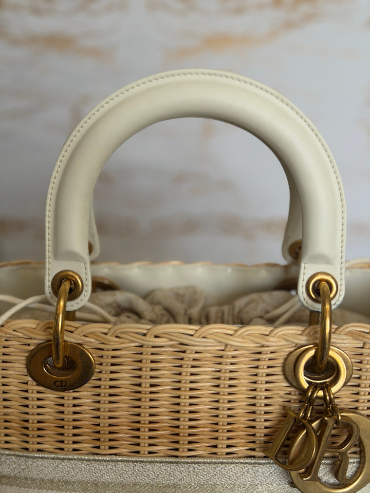 DIOR Lady Dior White/Gold Wicker Bag size SMALL with Guitar Strap