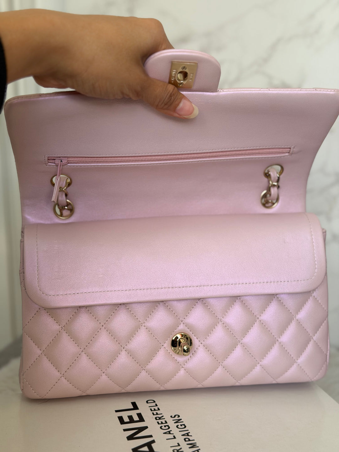 CHANEL 21S iridescent Pink Calf Skin LGHW Medium ML Timeless Classic Double Flap Bag series 31 2021