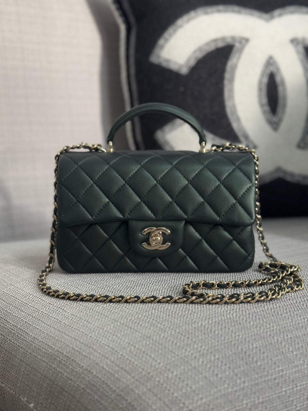 Chanel Iridescent Dark Green Lambskin Mini Rectangular Flap Bag with Top Handle and Champagne GHW