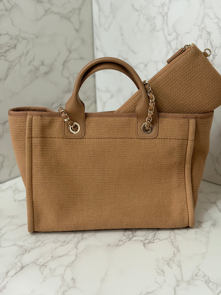 CHANEL 24P collection 2024 Beige Tweed Deauville Tote size Small with top handle LGHW and pouch