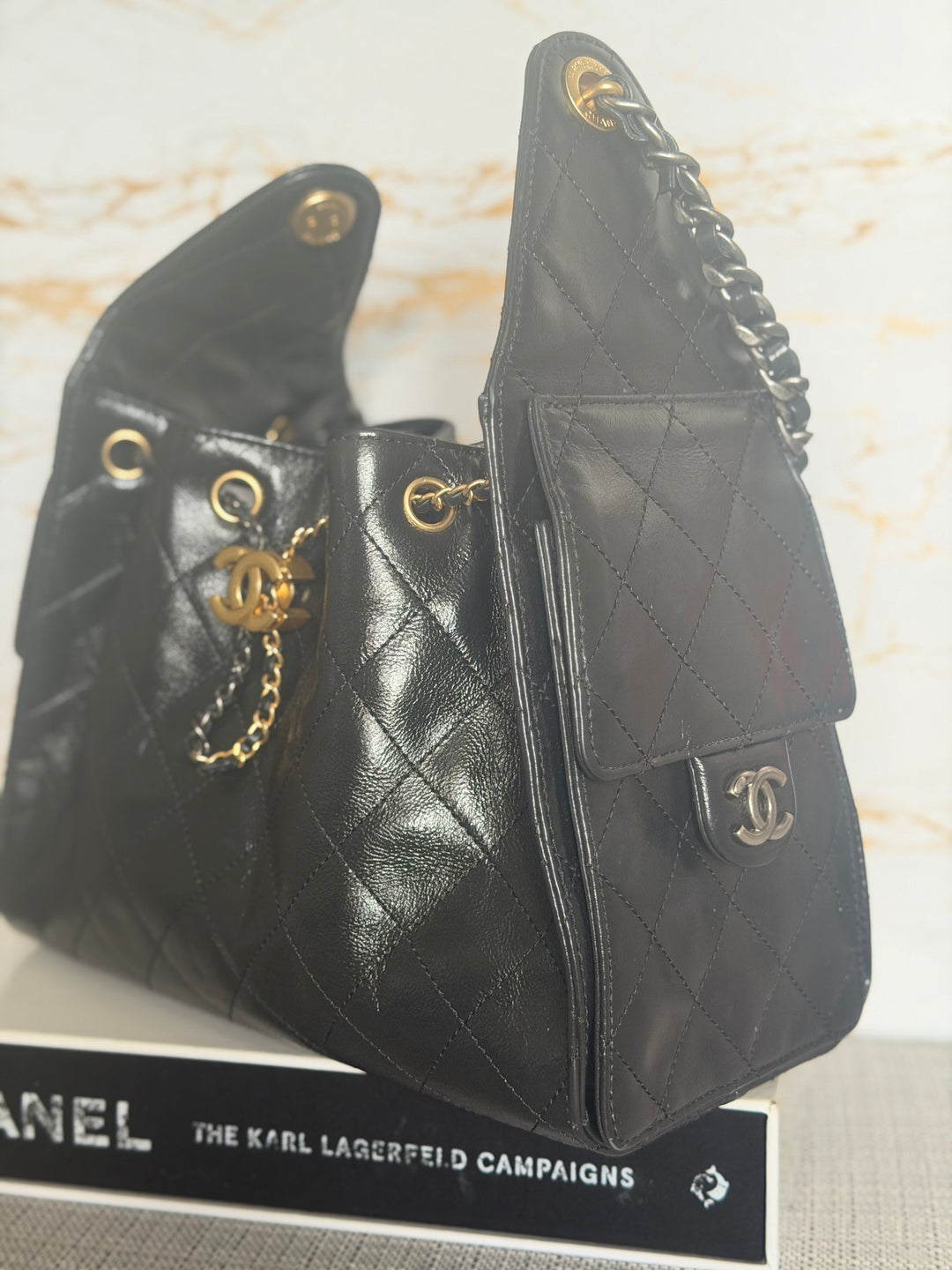 CHANEL Black Shiny Calf Skin Mixed Hardware 25 Hobo Bag size SMALL 2025/2026