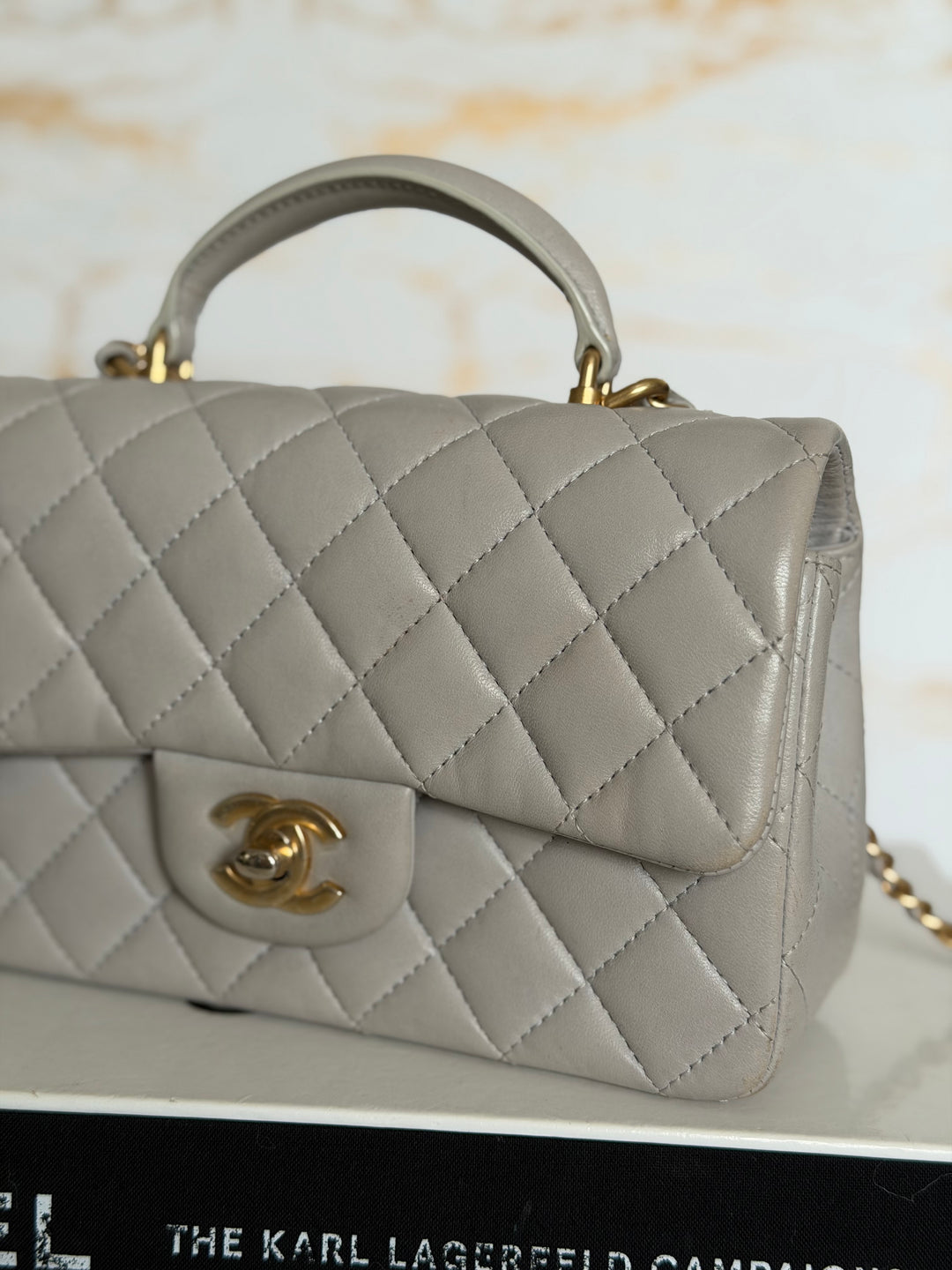 CHANEL Grey Lambskin aged GHW Mini Rectangular Flap bag Top Handle 2021 21A collection