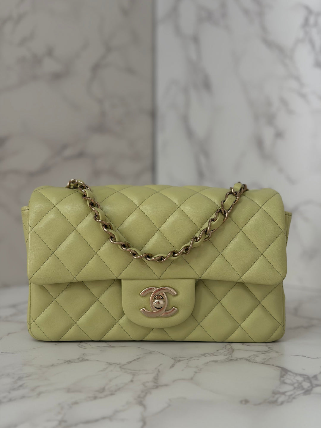 CHANEL 23C Collection 2022/2023 Cruise Pistachio Green Lambskin Mini Rectangular Flap Bag with Champagne GHW