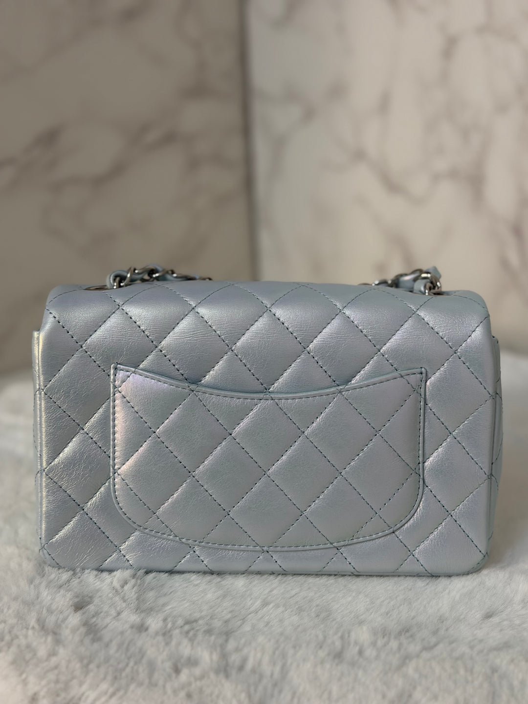 CHANEL 21K 2021 Iridescent light Blue Calf skin SHW Mini rectangular flap bag microchip