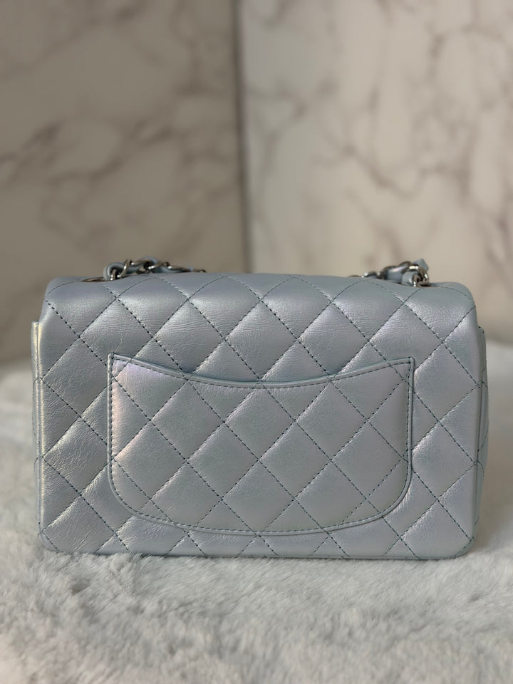 CHANEL 21K 2021 Iridescent light Blue Calf skin SHW Mini rectangular flap bag microchip