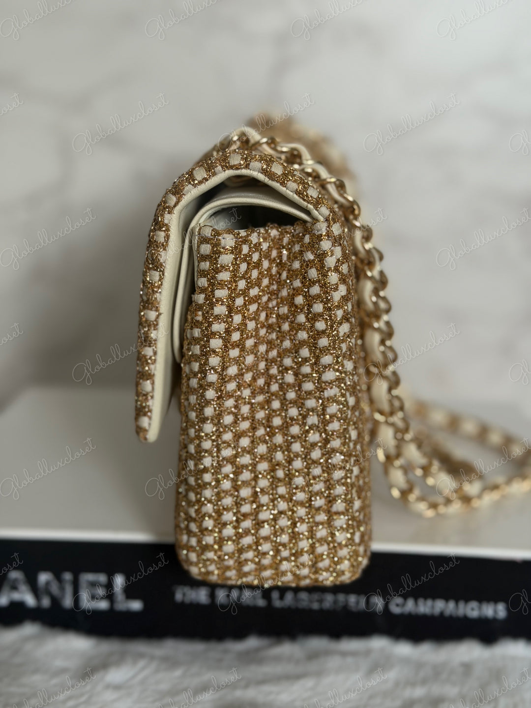 CHANEL series 17 Beige/Ivory Gold Tweed Medium ML Timeless Classic Double Flap Bag 2012 with LGHW
