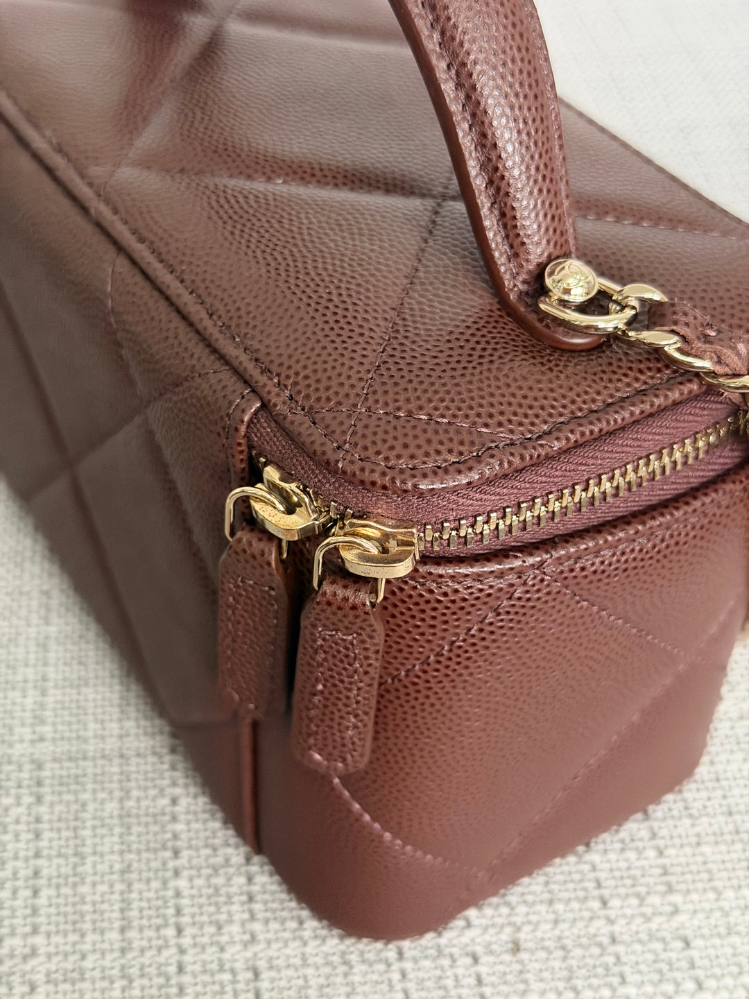 CHANEL 25K 2025 collection Brown Caviar LGHW Leather Top Handle Small Vanity with Chain