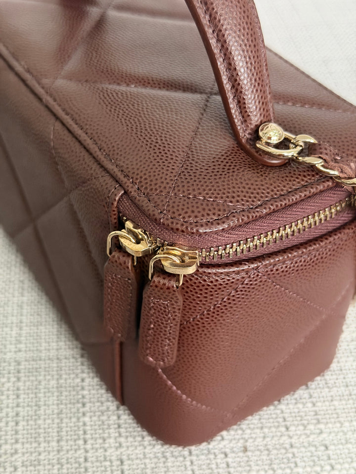 CHANEL 25K 2025 collection Brown Caviar LGHW Leather Top Handle Small Vanity with Chain