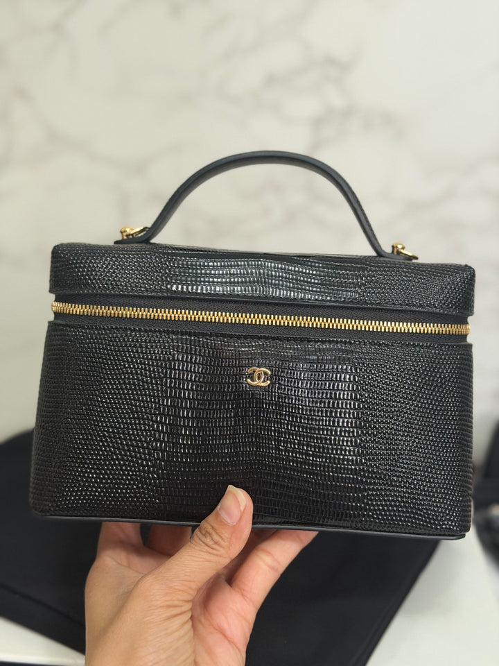 CHANEL Black Lizard Embossed Calf Skin GHW LP Long Vanity with top handle 26A 2026