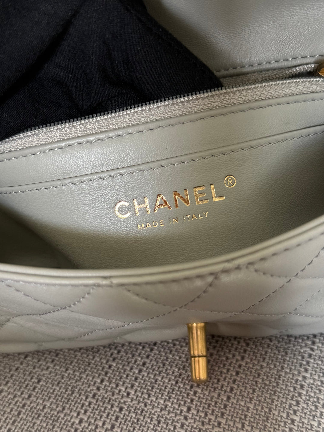 CHANEL Grey Lambskin Aged GHW Pearl Crush Adjustable Chain Mini Rectangular Flap Bag 2021