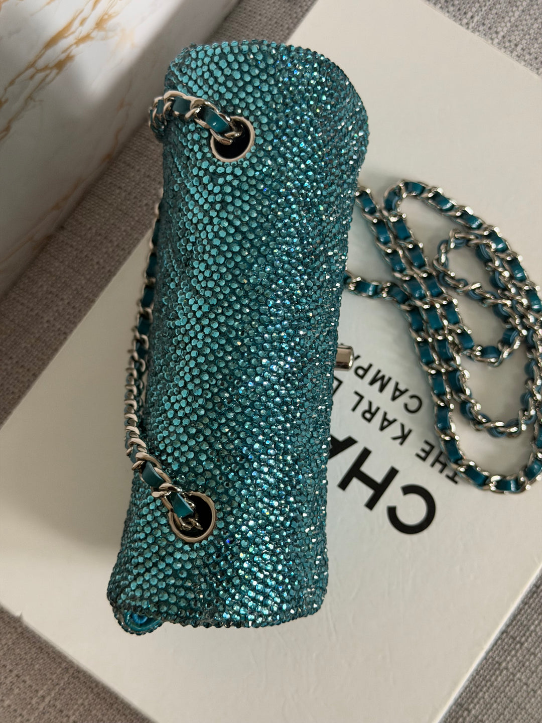CHANEL series 21 Turquoise Teal Green Blue Diamanté Swarovski Crystal Strasssd Extra Mini Flap Bag with SHW *unicorn* RARE