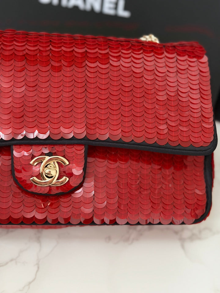CHANEL series 13 2010 Red Sequin and Black Satin Paris-Shanghai Medium Flap Bag Gold Hardware