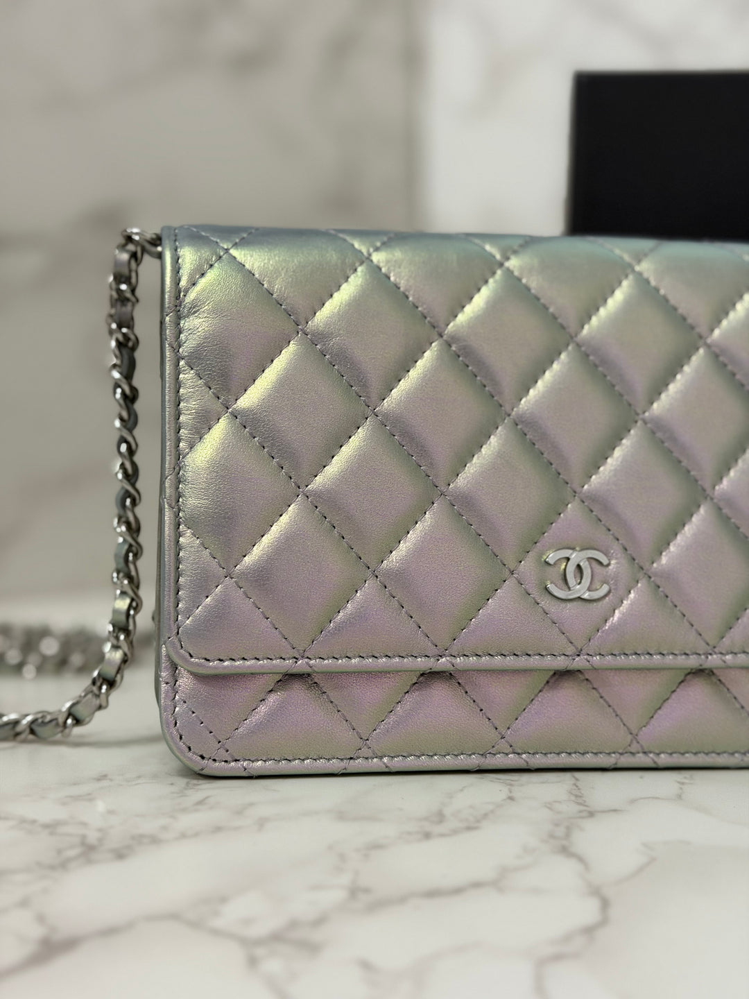 CHANEL 21K Silver Lambskin SHW Classic Wallet On Chain (WOC)