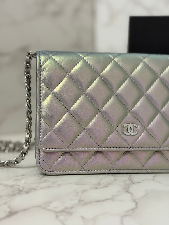 CHANEL 21K Silver Lambskin SHW Classic Wallet On Chain (WOC)