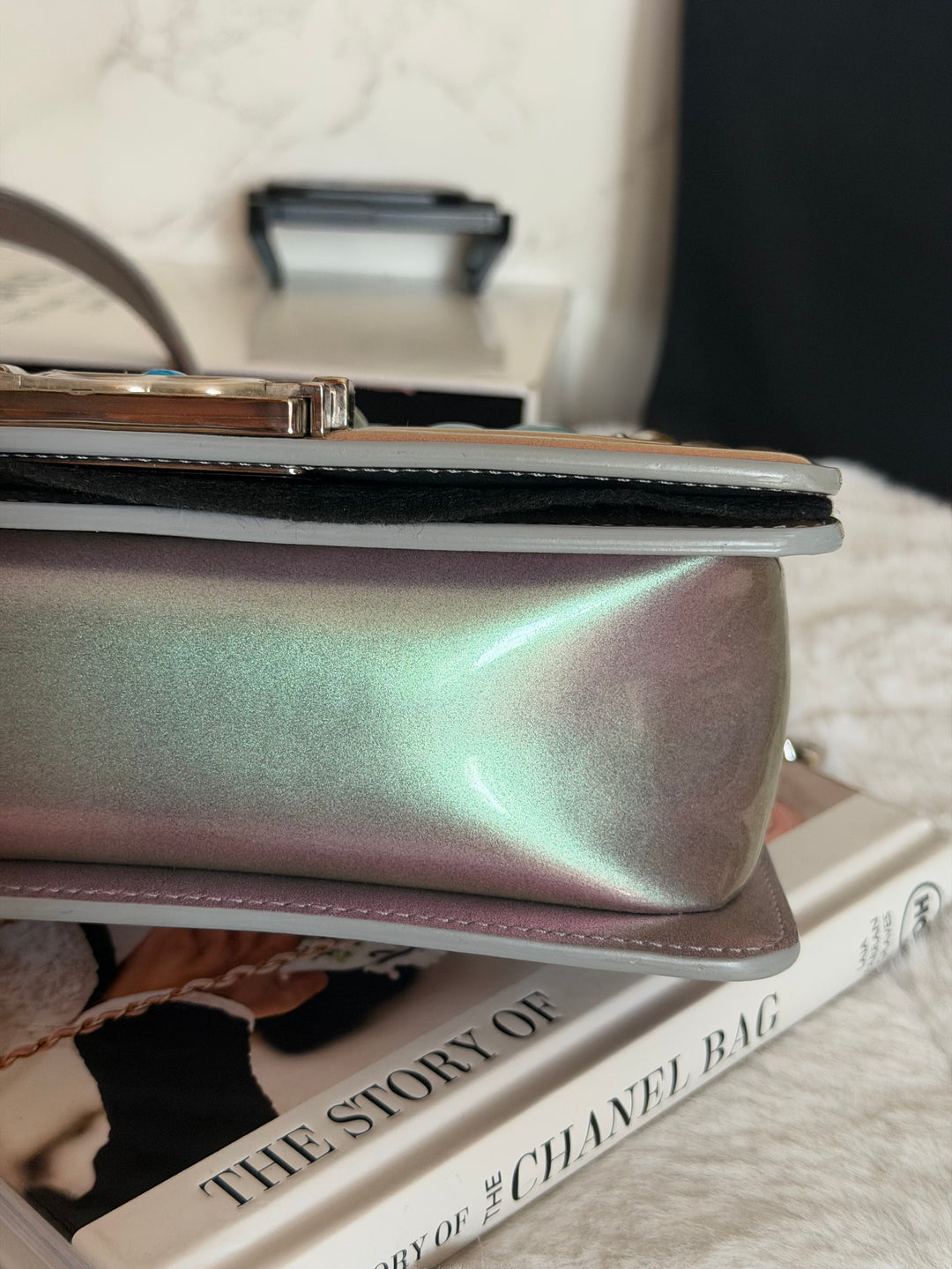 CHANEL 18S Iridescent Patent Calf Skin Purple Blue Mermaid Le Boy Flap Bag size Small