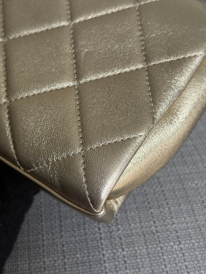 CHANEL Gold Metallic Lambskin CC Crystal Logo Chain Flap Bag 2022