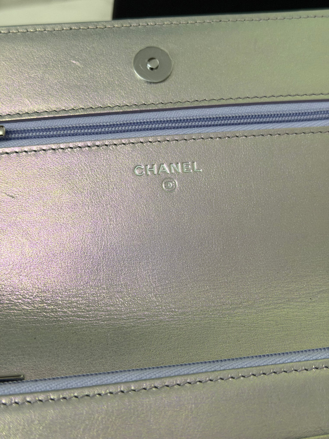 CHANEL 21K Silver Lambskin SHW Classic Wallet On Chain (WOC)