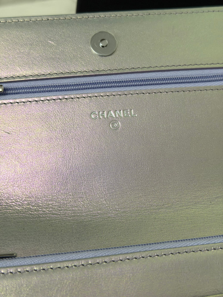 CHANEL 21K Silver Lambskin SHW Classic Wallet On Chain (WOC)