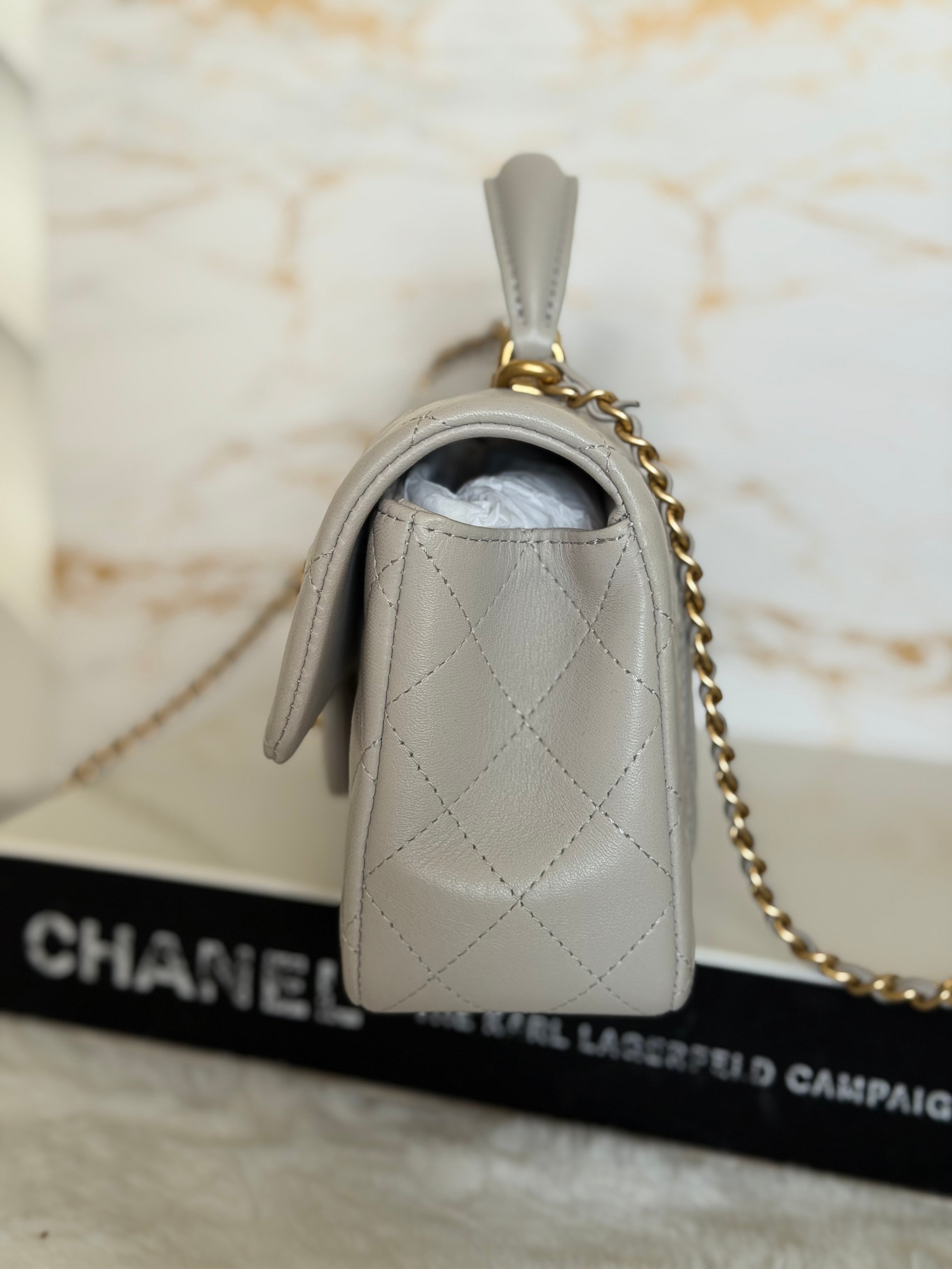 CHANEL Grey Lambskin Aged GHW Top Handle Mini Rectangular Flap Bag