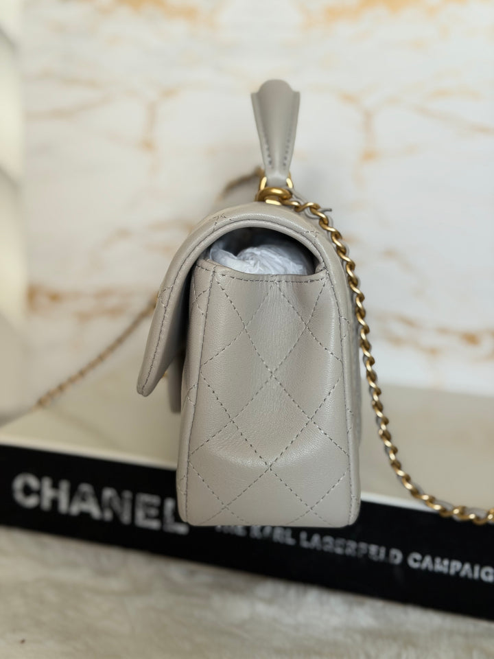 CHANEL Grey Lambskin Aged GHW Top Handle Mini Rectangular Flap Bag 2021 21A collection