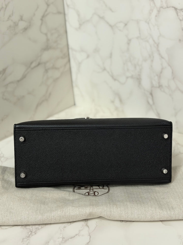 HERMES Black Noir Sellier Epsom Leather PHW Kelly 28 Stamp R 2014