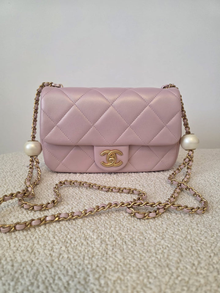CHANEL 23S Adjustable Pearl Mini (8.25 inches) Rectangular Flap Bag with Pink Lambskin Aged GHW