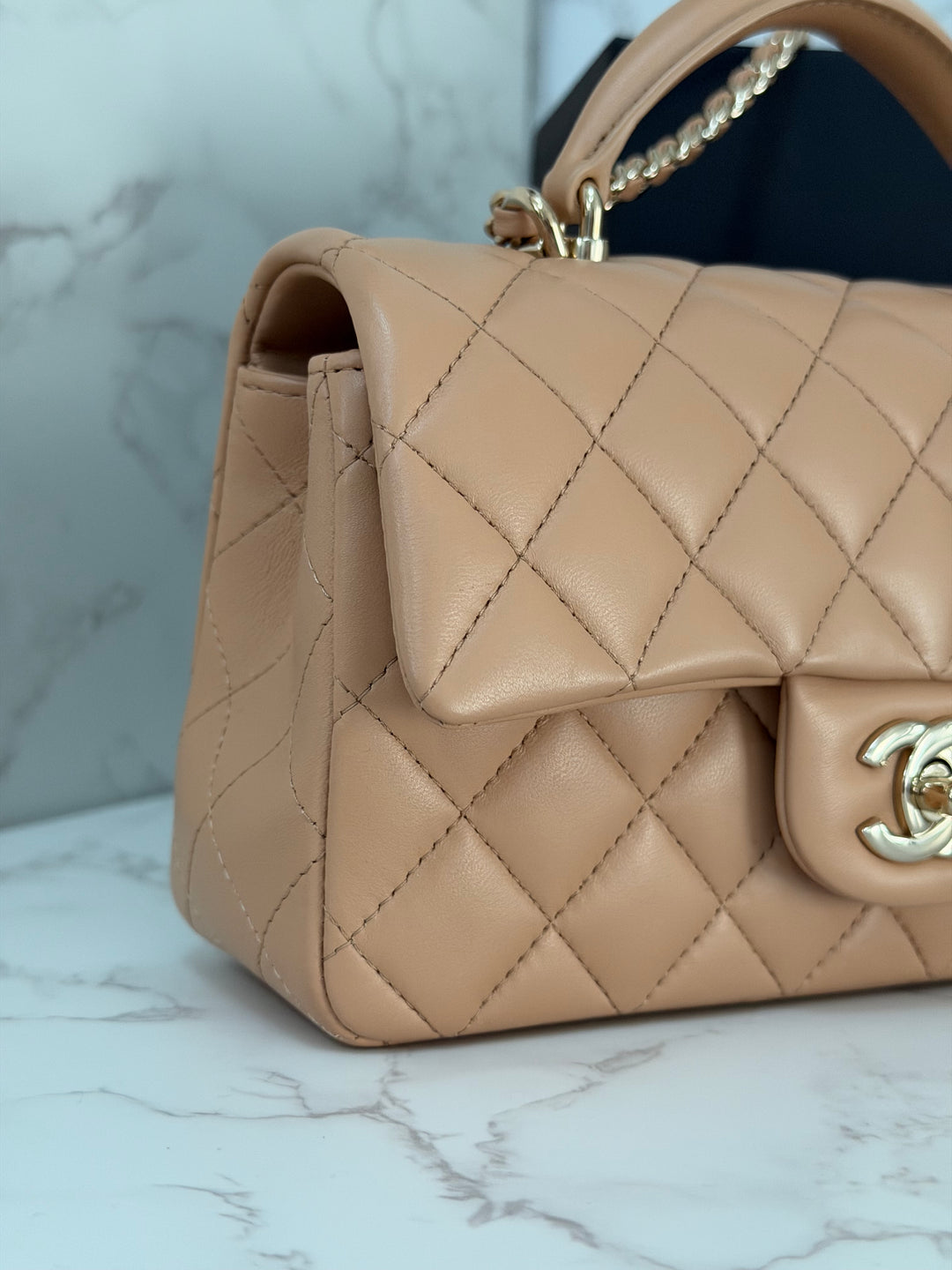 CHANEL 23K 2023 Dark Beige NR649 Lambskin LGHW Mini Rectangular Flap Bag with Top Handle