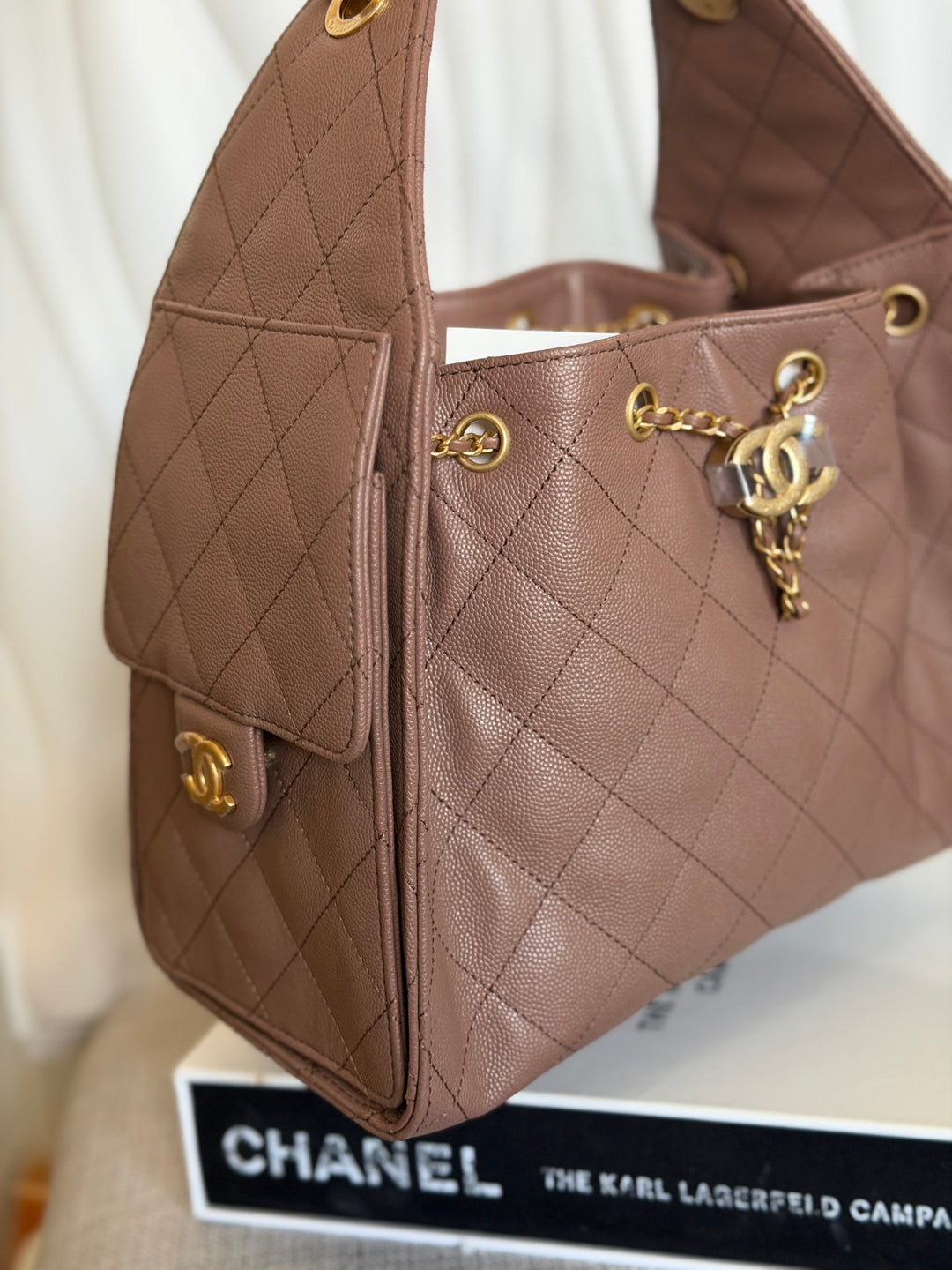 CHANEL 26P collection Brown Caviar 25 Hobo Bag Aged GHW Size SMALL