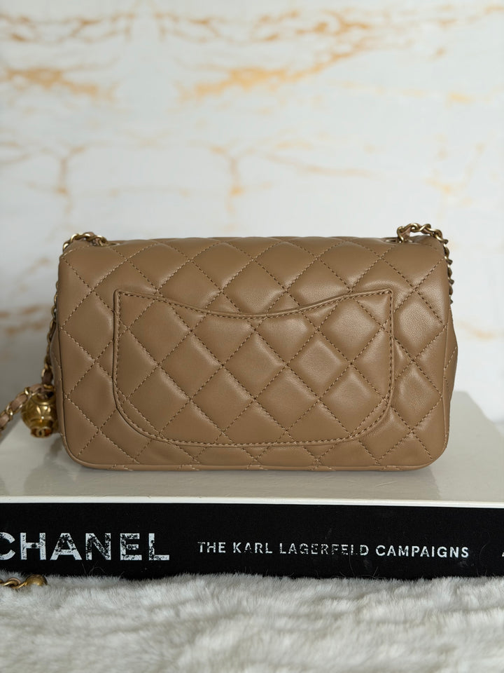 CHANEL 22B Taupe Dark Beige Lambskin Aged GHW Pearl Crush Adjustable Chain Mini Rectangular Flap Bag 2022