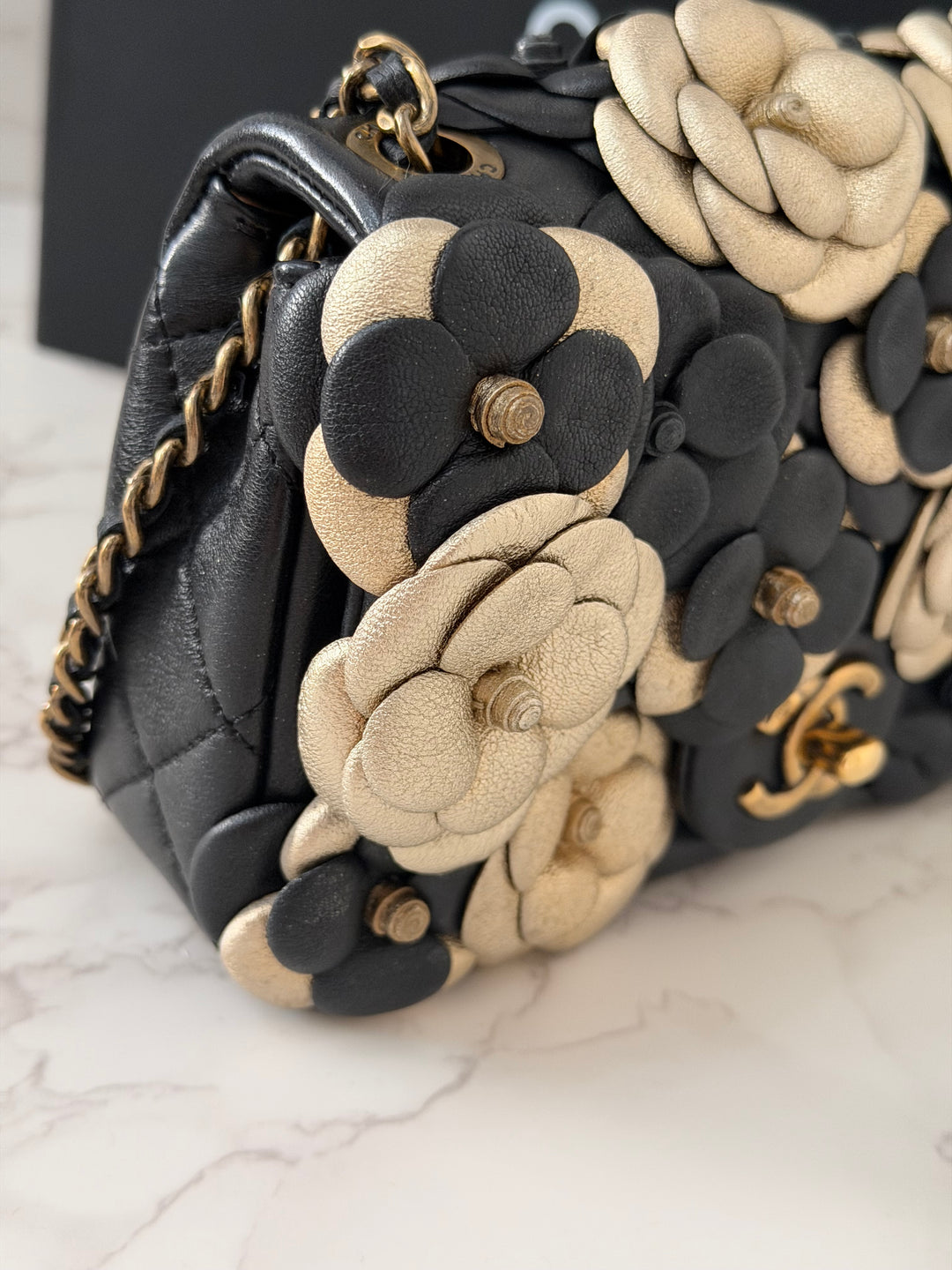 CHANEL series 21 Black Metallic Gold Camellia Flower Lambskin Mini Rectangular Flap Bag with Vintage GHW
