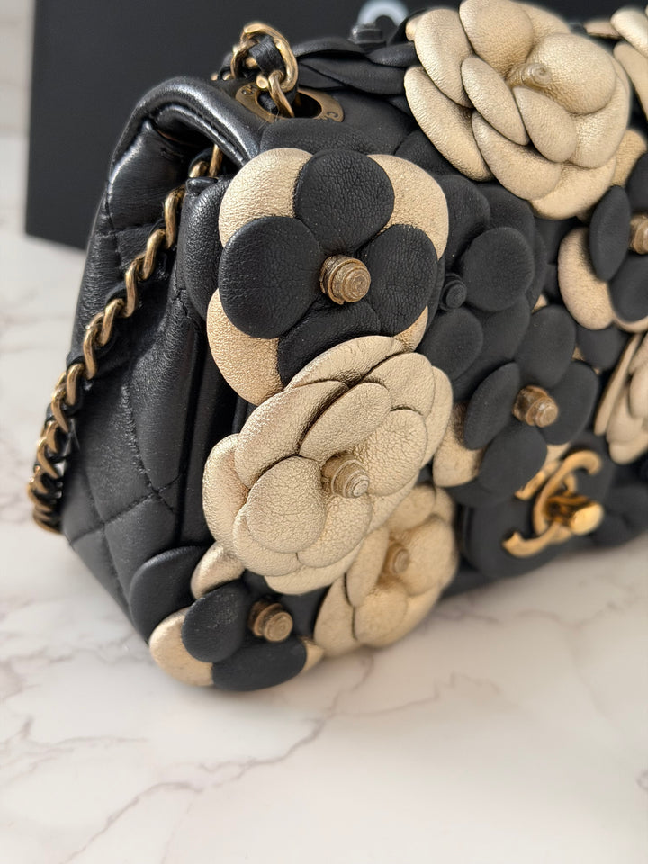 CHANEL series 21 Black Metallic Gold Camellia Flower Lambskin Mini Rectangular Flap Bag with Vintage GHW