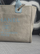 Load image into Gallery viewer, Chanel Beige And Light Blue Mixed Fibres Deauville Tote with Leather Top Handle Size Small
