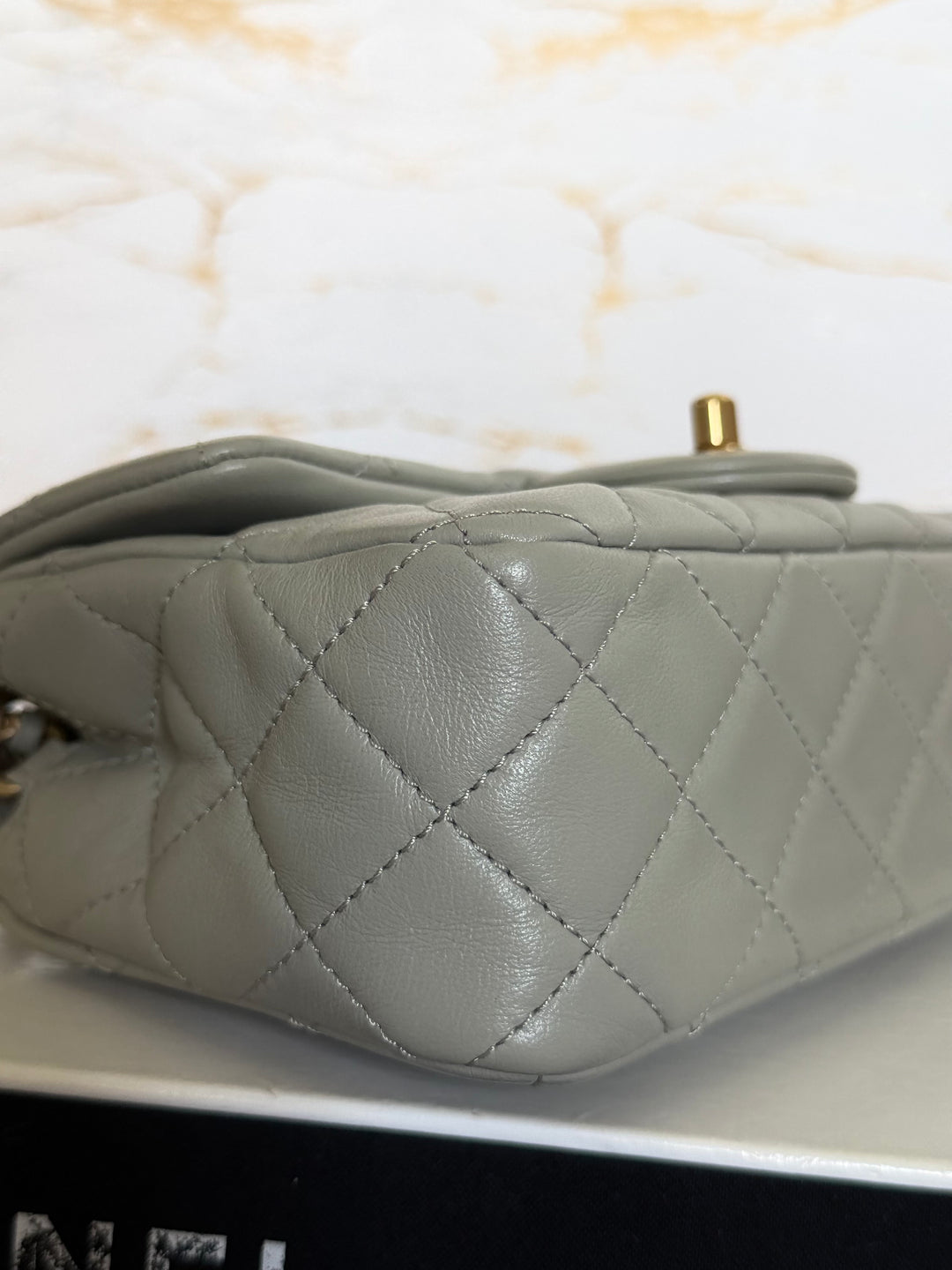 CHANEL Grey Lambskin Aged GHW Pearl Crush Adjustable Chain Mini Rectangular Flap Bag 2021