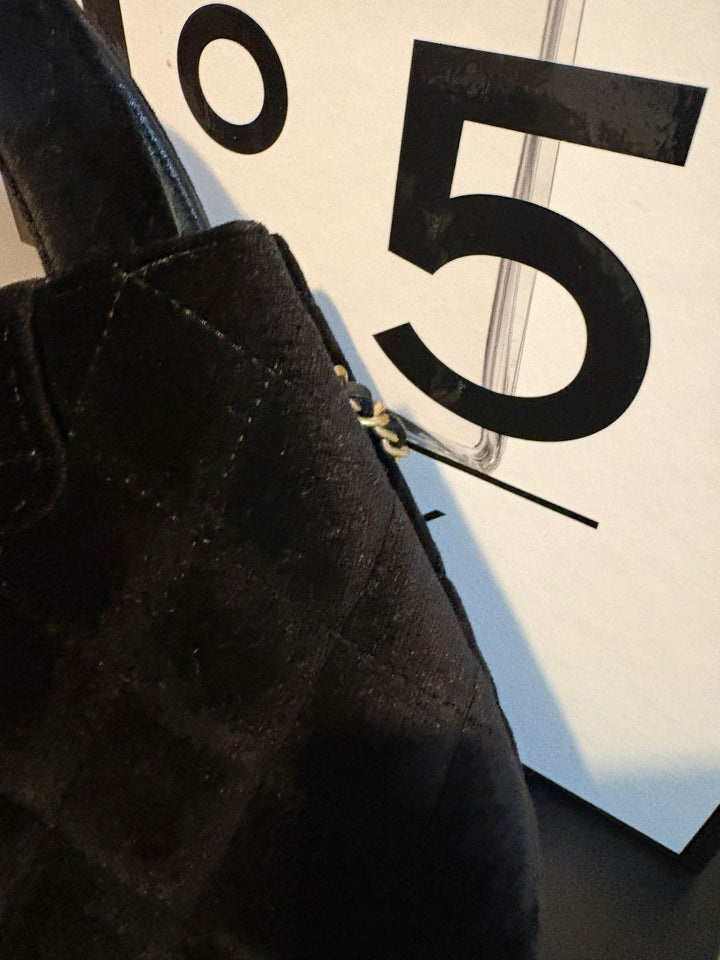 CHANEL Black Velvet Kelly Shopping Bag size SMALL aged GHW 19 cms fits iPhone pro Max 2025