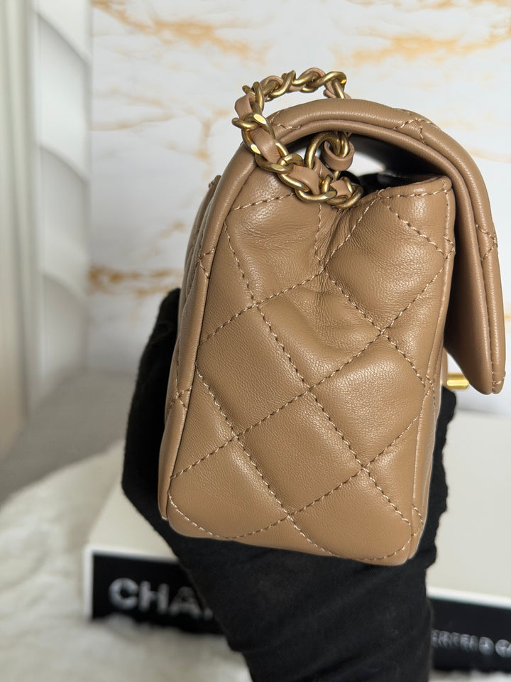 CHANEL 22B Taupe Dark Beige Lambskin Aged GHW Pearl Crush Adjustable Chain Mini Rectangular Flap Bag 2022
