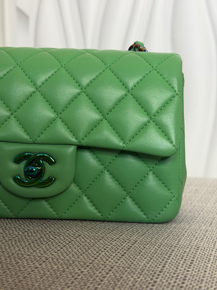 CHANEL series 31 21P Two Tone Green Blue Lambskin Rainbow Iridescent Hardware Mini Rectangular Flap Bag 2021