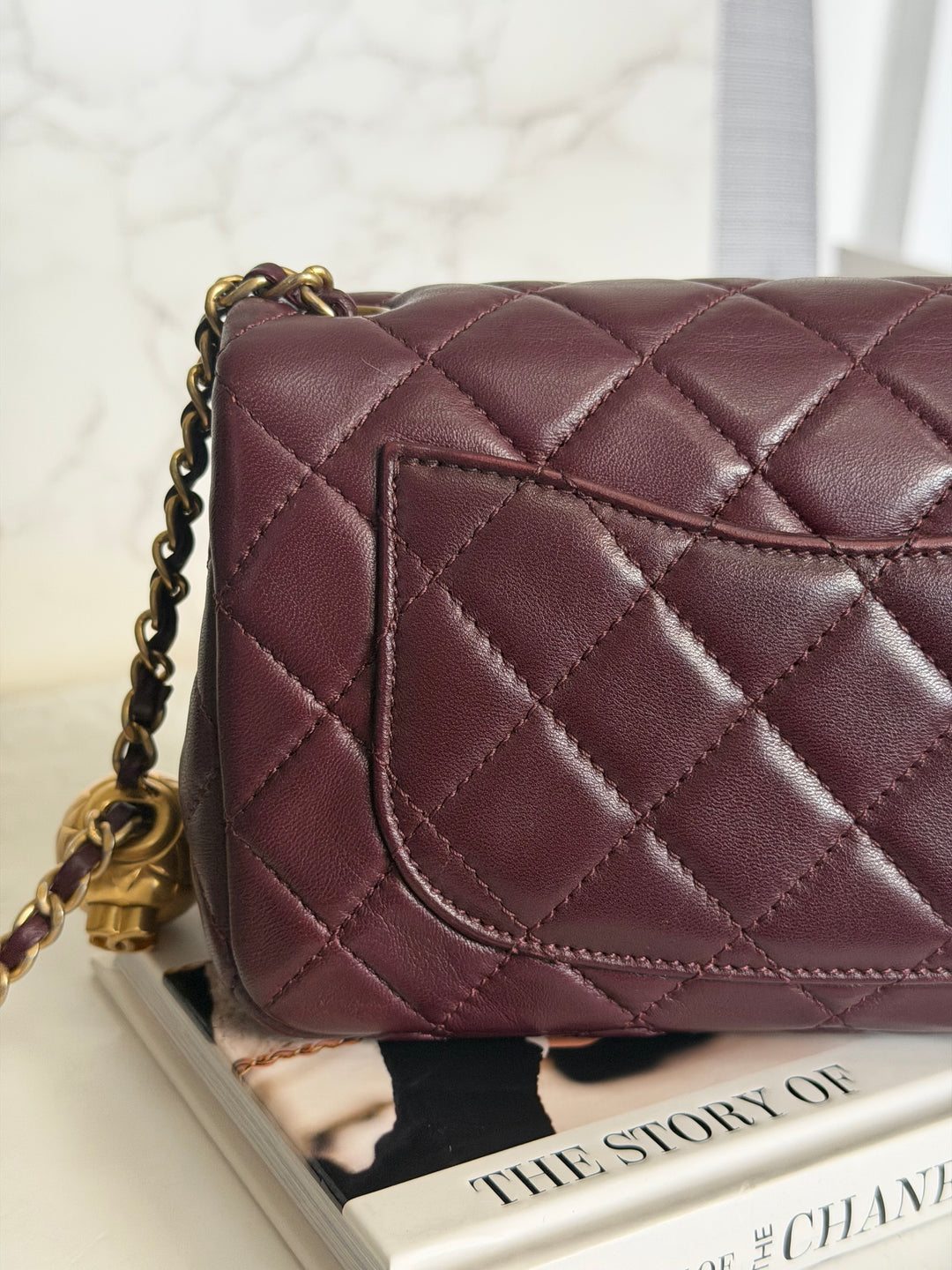 CHANEL 21B Burgundy Lambskin Aged GHW Pearl Crush Mini Rectangular Flap Bag 2021