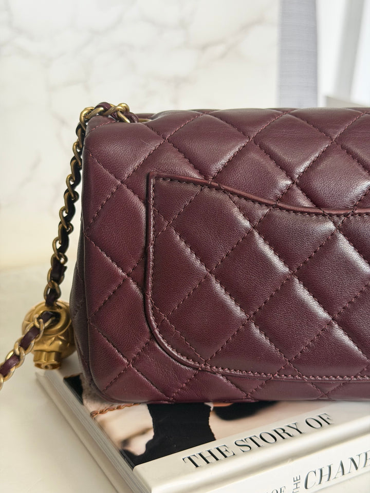 CHANEL 21B Burgundy Lambskin Aged GHW Pearl Crush Mini Rectangular Flap Bag 2021