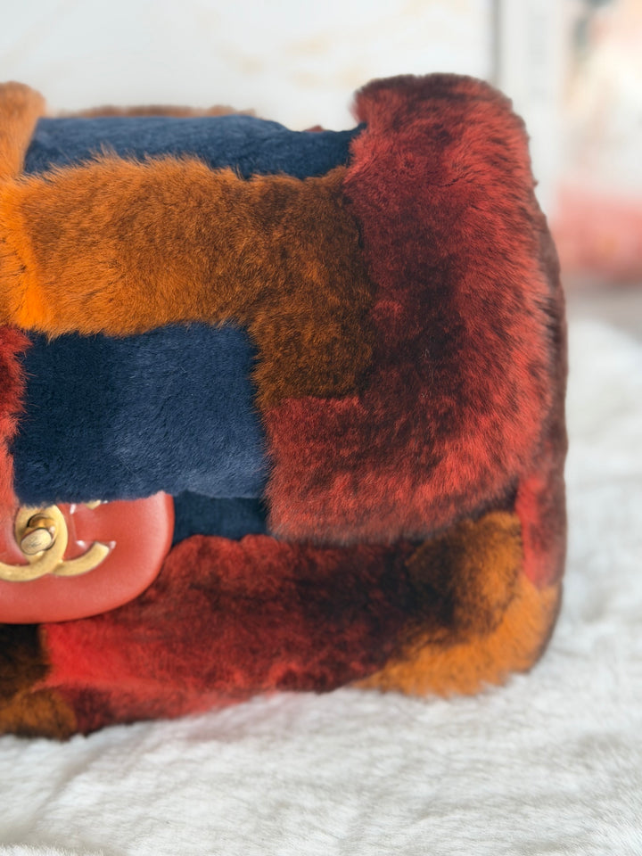CHANEL series 28 Orylag Red Orange Navy Fur Flap Bag with GHW Medium Single Flap Bag 2018