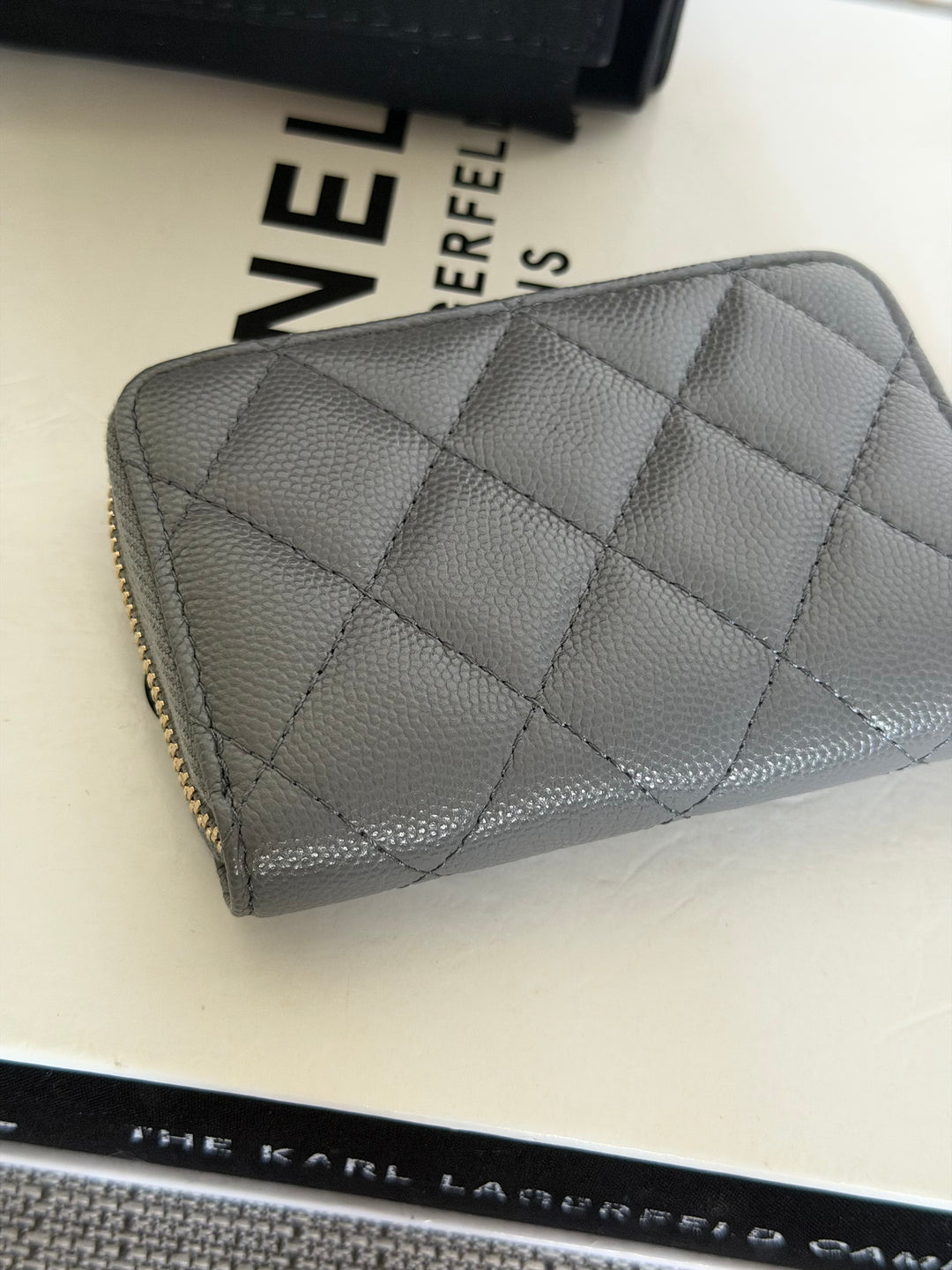 CHANEL 21K 2021 Grey Caviar Big Logo Zippy Coin Purse LGHW