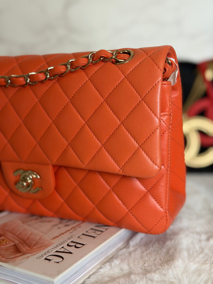 CHANEL 20S Orange Lambskin LGHW Medium ML Timeless Classic Double Flap Bag