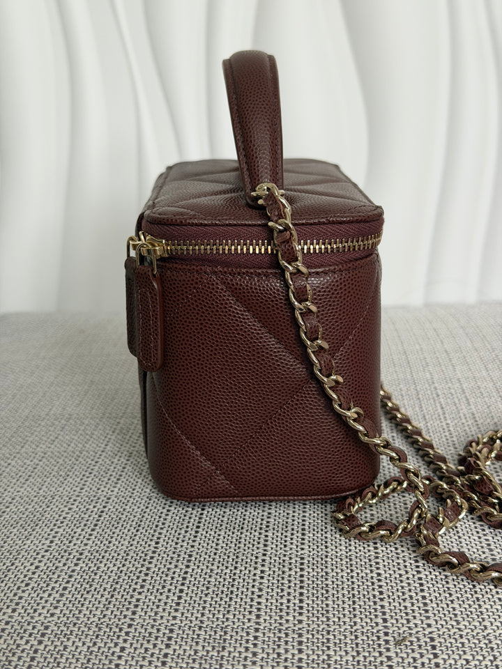 CHANEL 25K 2025 collection Brown Caviar LGHW Leather Top Handle Small Vanity with Chain