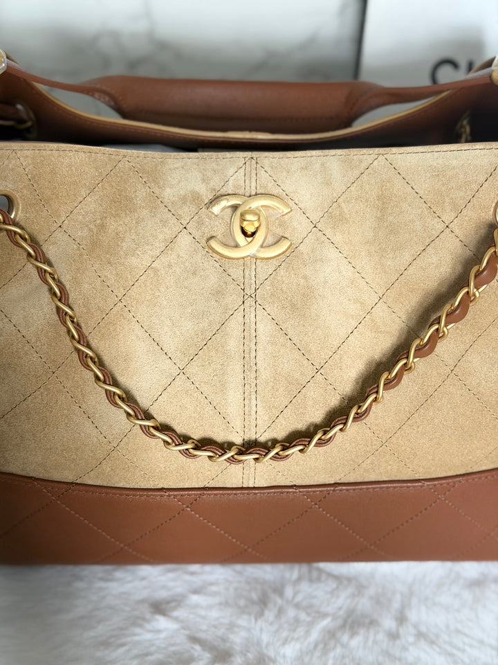 CHANEL 26S Beige Suede and Brown Leather Shopping Tote Bag 2026 size Small
