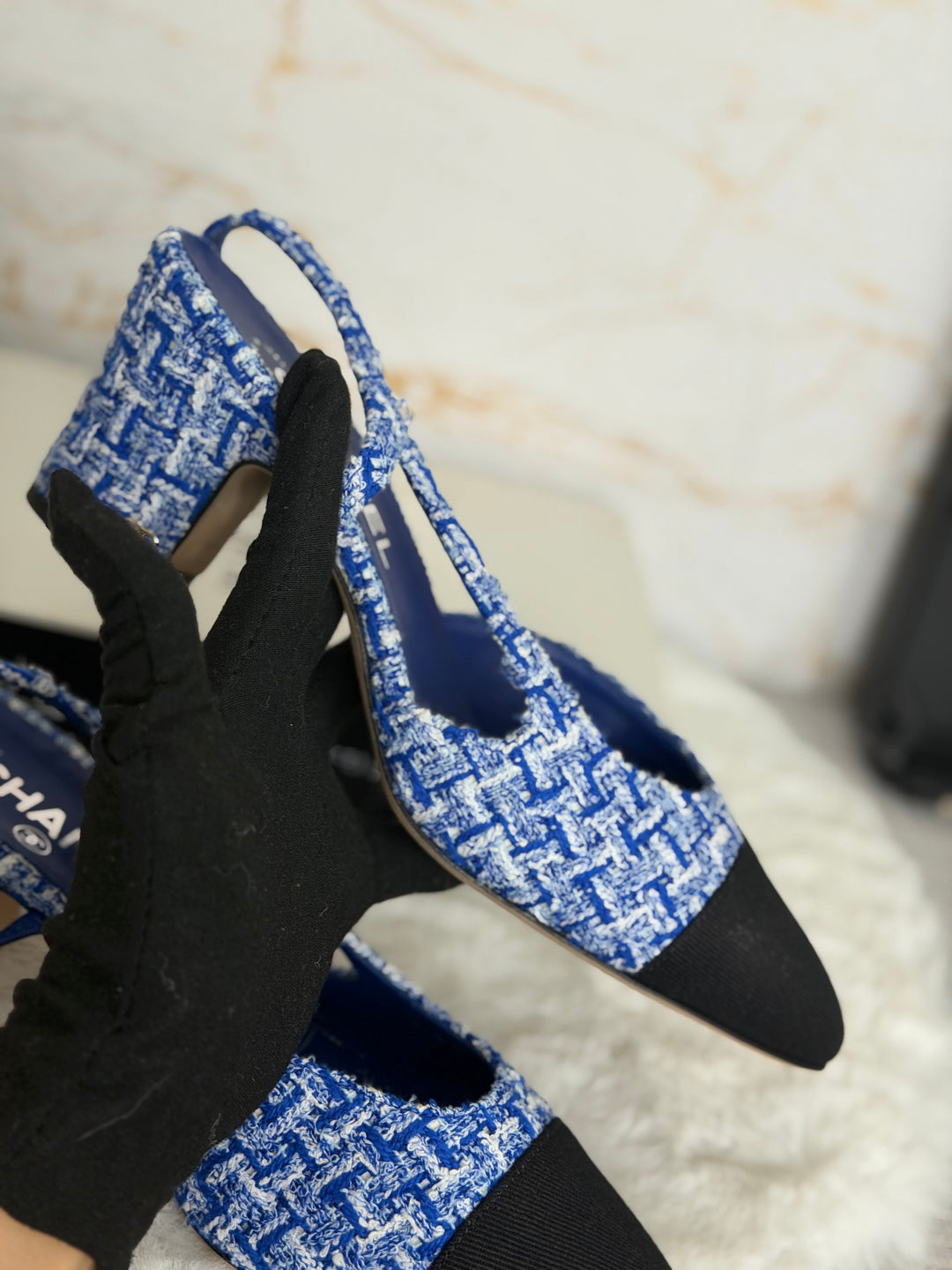 CHANEL 23P Cobalt Blue SHW Tweed Slingback shoes with kitten heels