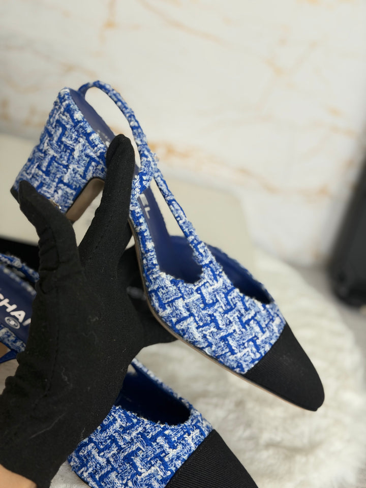 CHANEL 23P Cobalt Blue SHW Tweed Slingback shoes with kitten heels