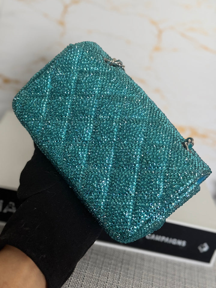 CHANEL series 21 Turquoise Teal Green Blue Diamanté Swarovski Crystal Strasssd Extra Mini Flap Bag with SHW *unicorn* RARE