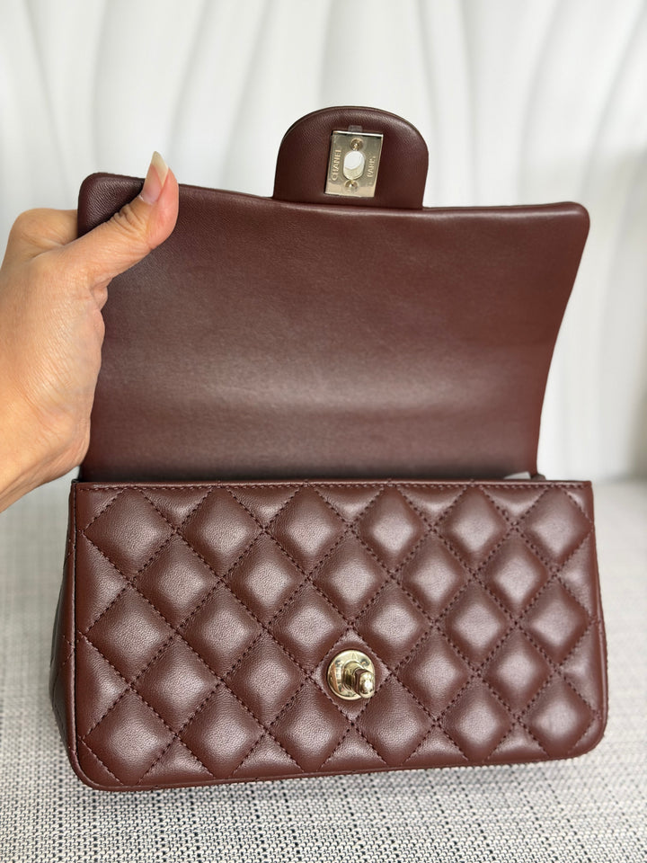 CHANEL 25K collection 2025 Brown Lambskin LGHW Mini Rectangular Flap Bag with Leather Top Handle