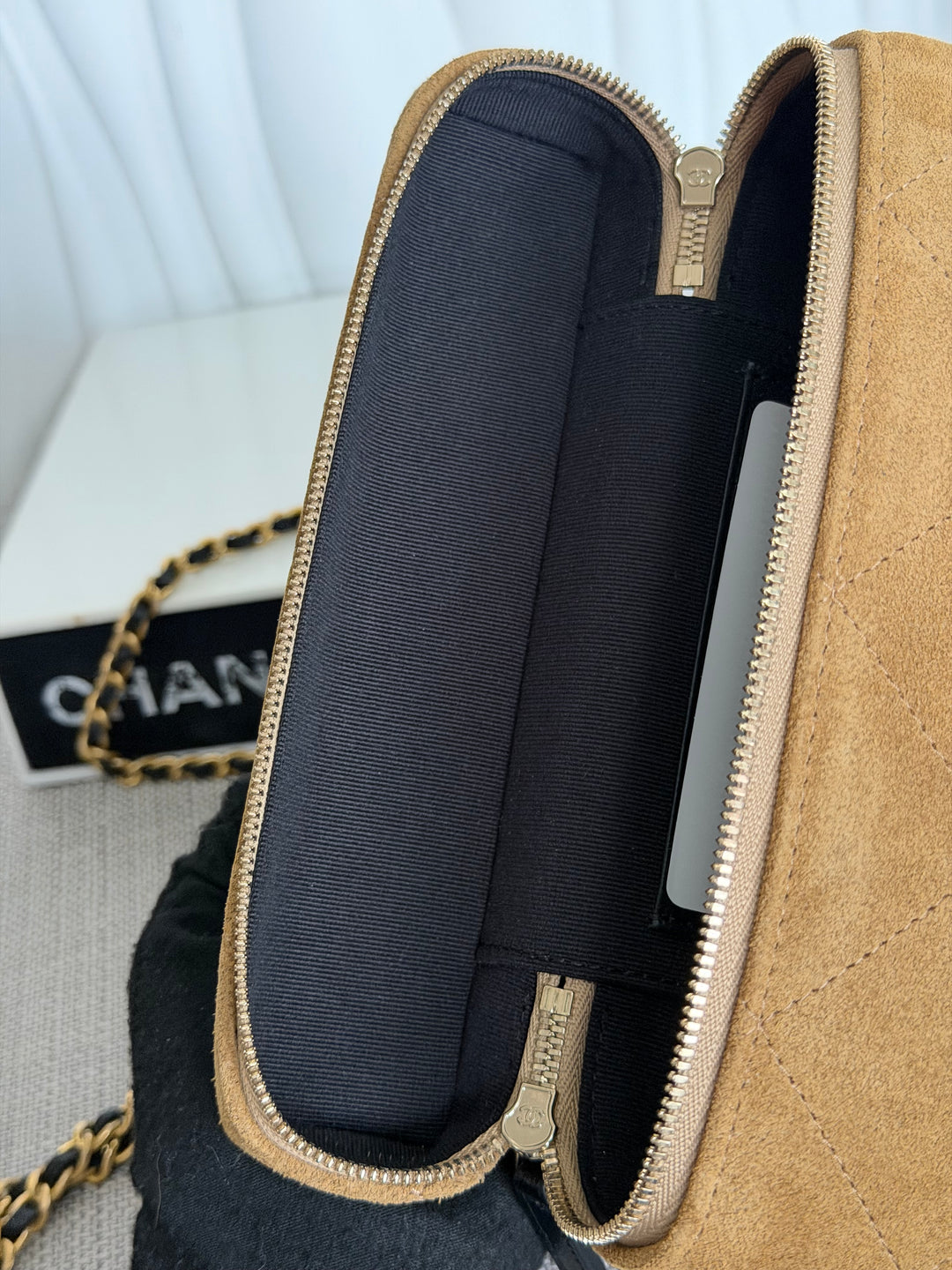 CHANEL 26S Beige Suede Black Calf skin aged GHW Long Vanity Case with Detachable Chain and top handle 2026