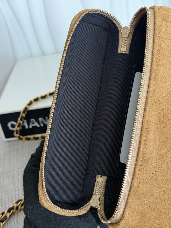 CHANEL 26S Beige Suede Black Calf skin aged GHW Long Vanity Case with Detachable Chain and top handle 2026