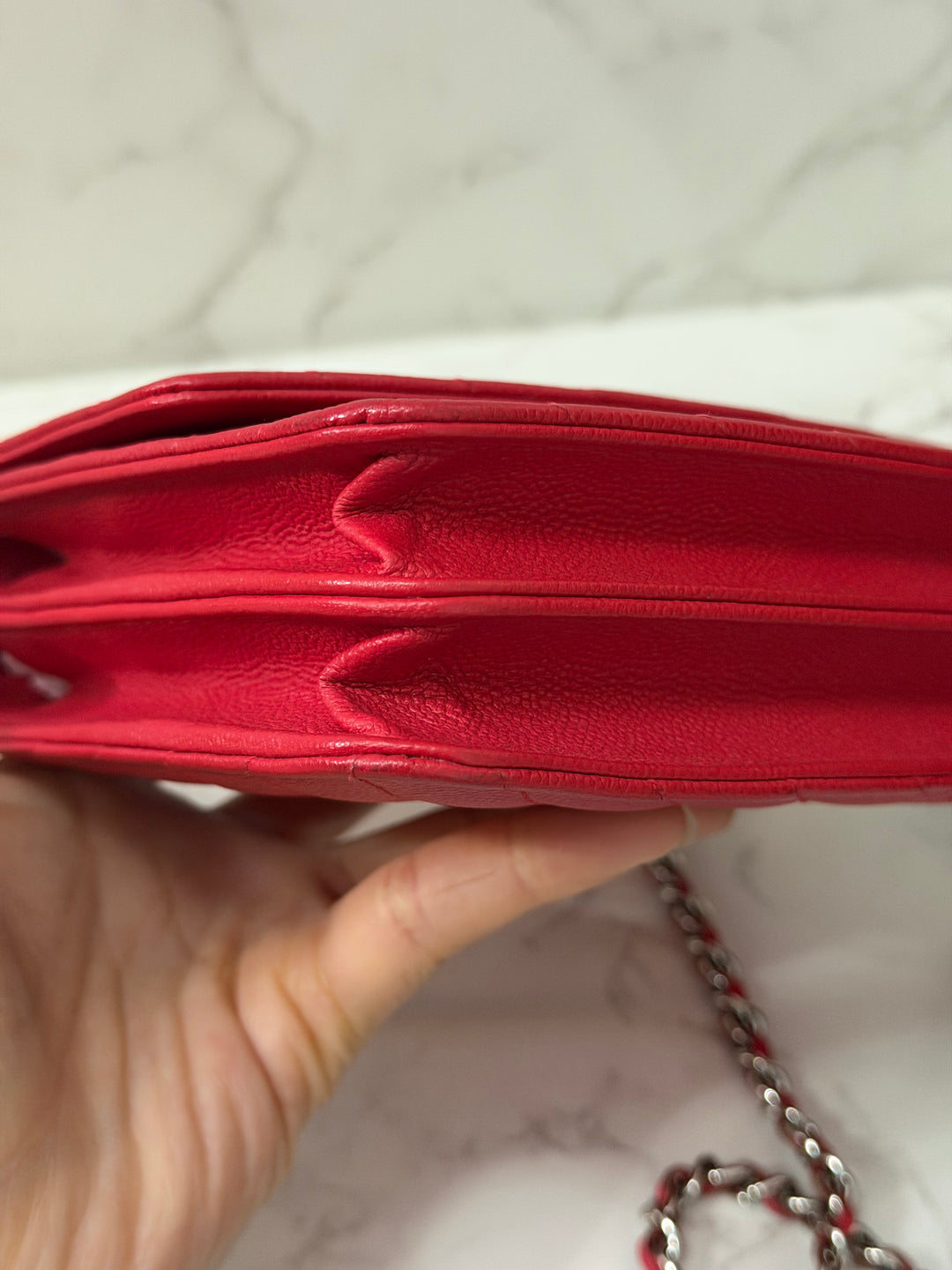 CHANEL series 25 2018 Dark pink chevron caviar SHW Square Wallet On Chain (WOC)